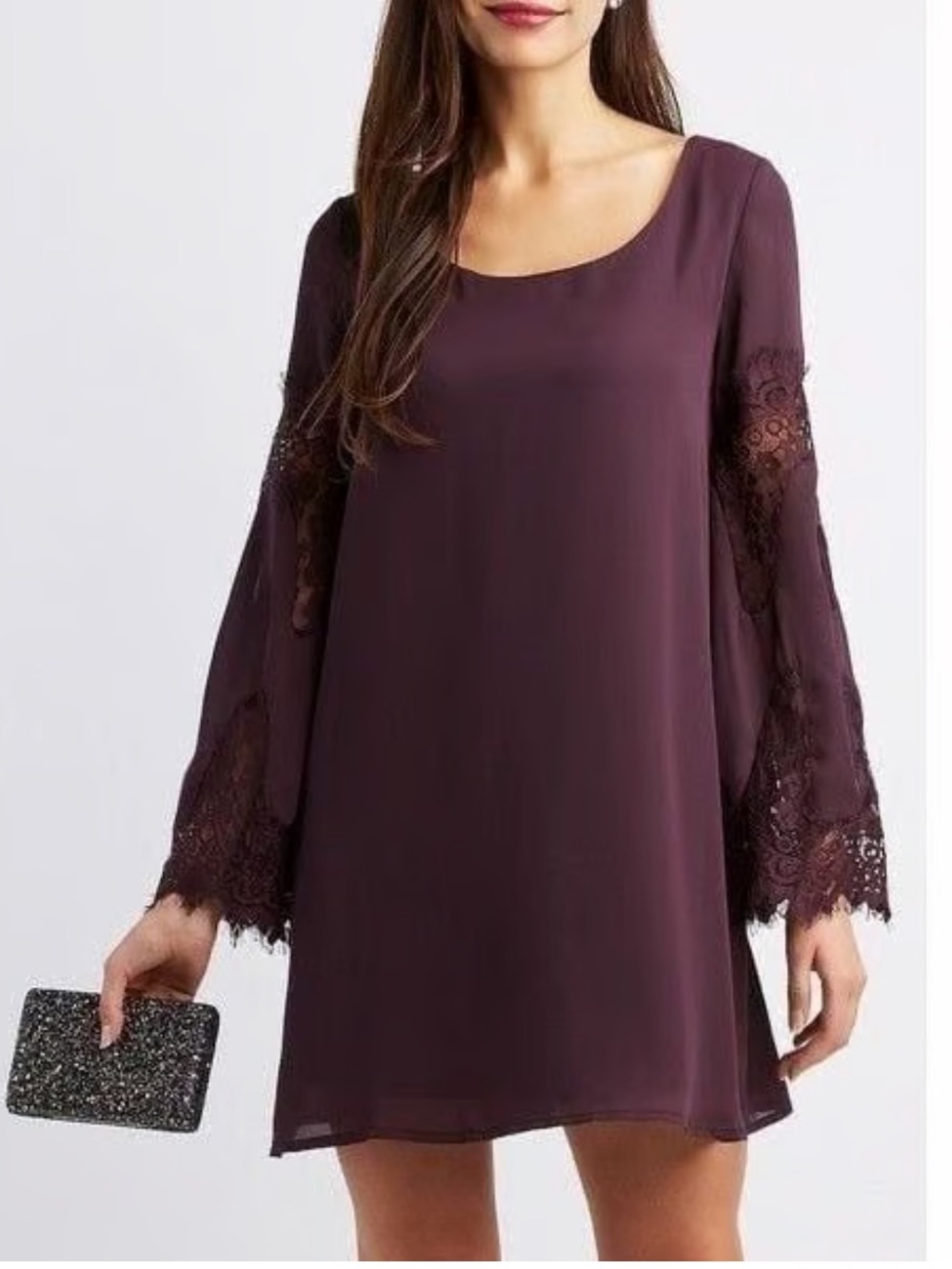 NWT Mustard Seed burgundy lace bell sleeve mini shift dress size Small
